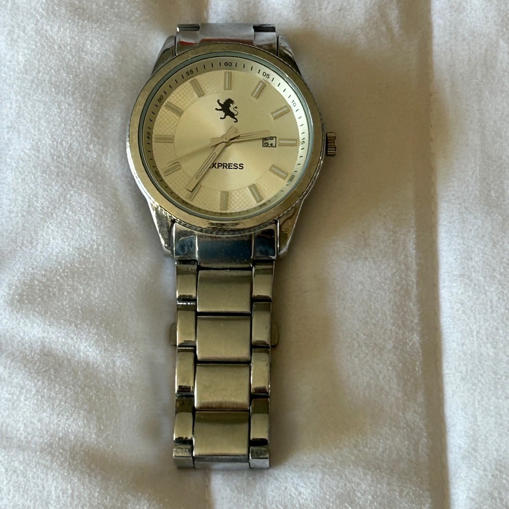 Express‎ Mens Silver Stainless Steel Analog Watch Lion Logo Date FMDEX012 1F184